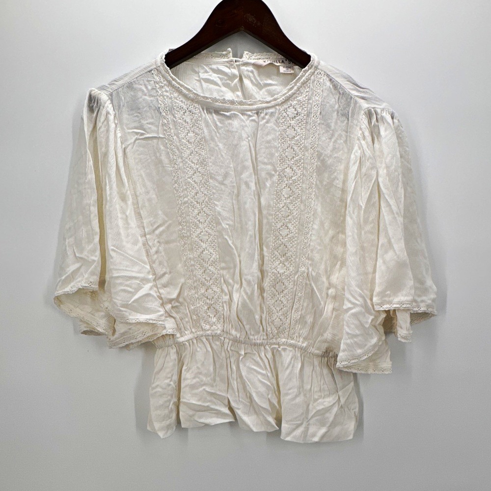 Vanilla Star Womens S White Lace Accent Blouse Round Neck Short Bell Sleeve